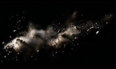 flying debris with dust on black background, Generative AI - obrazy, fototapety, plakaty