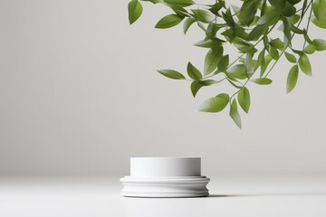 3D display, podium white background. Nature green plant branch with leaves. Minimal beauty pedestal. Cosmetic product presentation. Organic leaf. Template with greek column. Studio 3d, Generative AI - obrazy, fototapety, plakaty