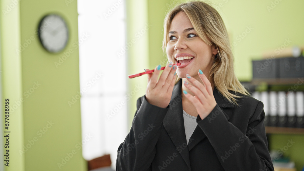 Sticker young blonde woman business worker sending voice message by smartphone working at office