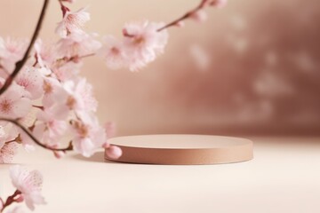 Obraz na płótnie Canvas 3D background, beige podium display. Sakura pink flower tree branch. Cosmetic or beauty product promotion step floral pedestal. Abstract minimal advertise. 3D render copy space spring, Generative AI
