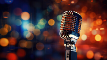 Professional microphone on black background with bokeh lights in rays of blue-red light, close-up. Web banner with copy space for design.