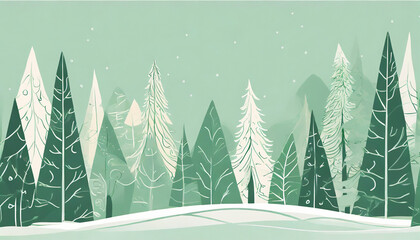 Alpine landscape in green and white colors for an ecological Christmas card