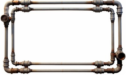 two worn pipes forming a frame around an empty space (pipes with valves, connectors and rivets on a white background), Generative AI - obrazy, fototapety, plakaty