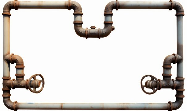 two worn pipes forming a frame around an empty space (pipes with valves, connectors and rivets on a white background), Generative AI