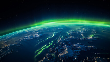 Northern Lights, a view from space. Multicolored iridescent waves. A rare fascinating natural phenomenon.
