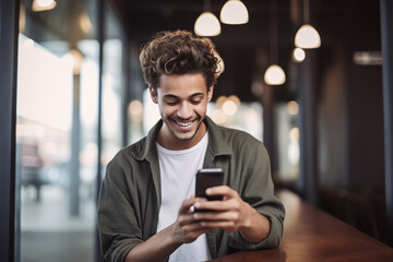 Young handsome man using smartphone in a city. Smiling student man looking at mobile phone. Modern lifestyle, connection, business concept
