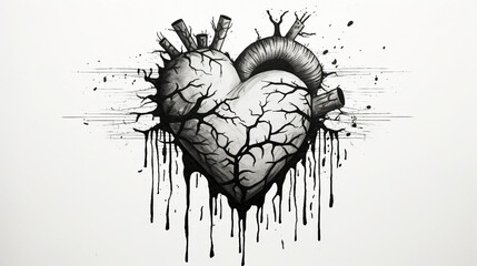broken heart monochrome pen and ink drawing