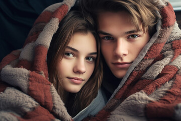 Generative AI closeup portrait young couple wrapped in warm laundry blanket waking up together