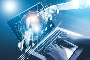 AI tech, Business person chatting with a smart AI using an artificial intelligence chatbot...