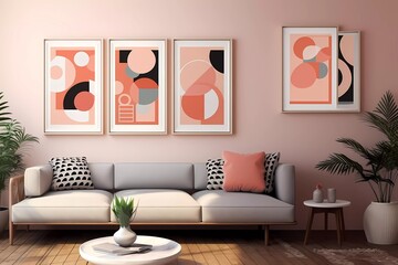 Cool pink abstract art poster collection, boho mid century plaque set. generative ai