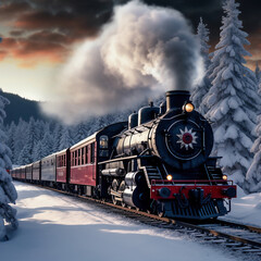 Fototapeta na wymiar Steam locomotive in the winter forest. 3d render illustration.