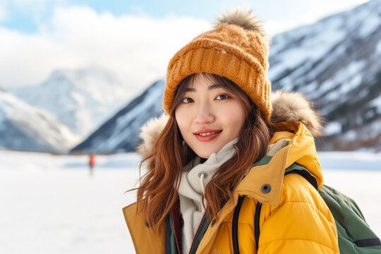Happy young person wearing warm winter hiking clothes climbing high peak mountain Generative AI picture