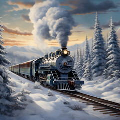 Steam locomotive in the winter forest. 3d render illustration. - obrazy, fototapety, plakaty