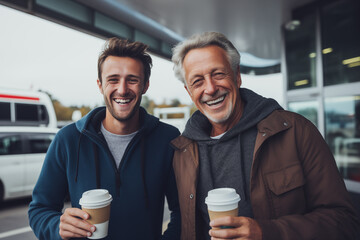 Photo of father and son at gas station with coffee - obrazy, fototapety, plakaty