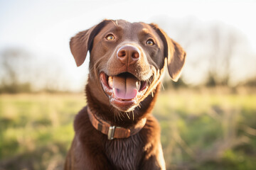 Photo of happy brown labrador dog outdoor - obrazy, fototapety, plakaty