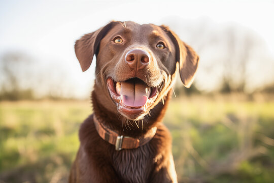 Photo of happy brown labrador dog outdoor