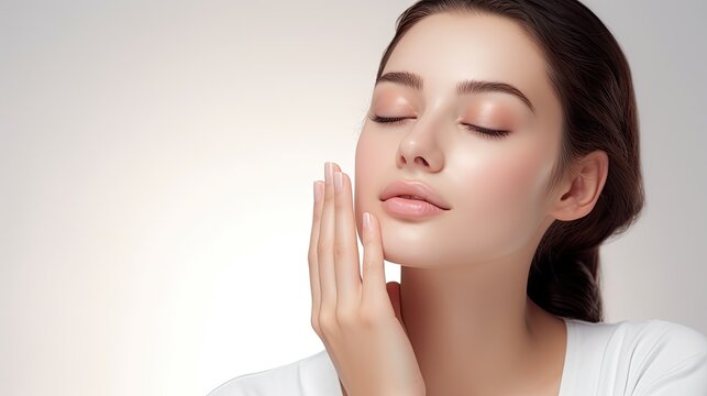 Woman gently touching her face, exemplifying skincare.