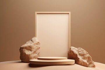 3D podium stone display on beige background. Brown rock, cosmetic beauty product promotion pedestal with sun shadow. Wood frame showcase. Abstract minimal studio 3D, Generative AI