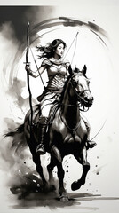 Fototapeta na wymiar Watercolor brush art image of a young woman riding a horse and armed with archer.
