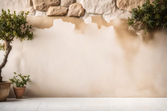 old tuscan stucco stonewall background with Olive tree branch