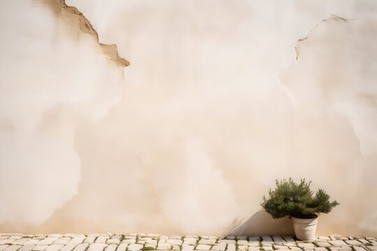 old tuscan stucco stonewall background with Olive tree branch