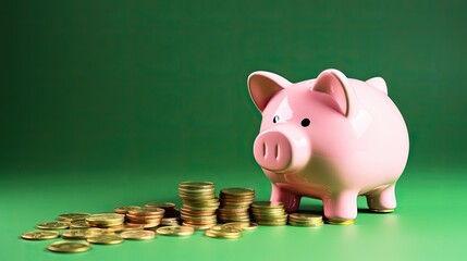Piggy bank with coin stacks on a green background.