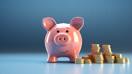 Pink piggy bank with coin piles on a blue gradient.