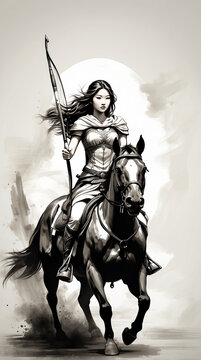Watercolor brush art image of a young woman riding a horse and armed with archer.