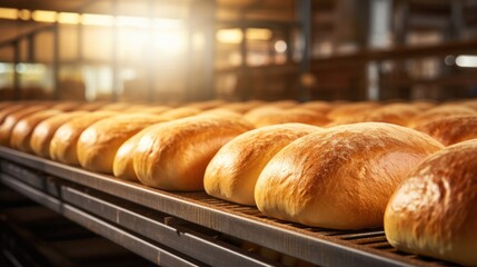Fresh fragrant breads on an automated conveyor belt at bakery kitchen. - obrazy, fototapety, plakaty