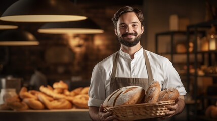 Male baker holding basket with fresh bread in bakery shop.
