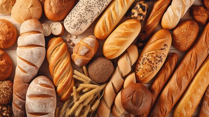 Fresh fragrant breads on wooden table. Variety of baked products at a bakery. Bakery food concept.