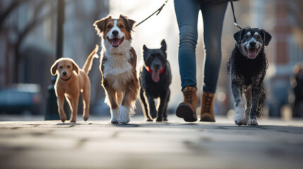 A dog walker walking several dogs as part of their pet care side hustle