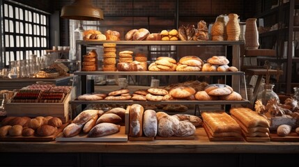 Variety of baked products at a bakery. Interior of bakery shop.