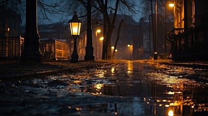 Street lamp in the city at night with reflection in puddle.
Lights on the streets of the city at night in the rain.
