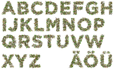 leaves butts and joints font abc letters isolated on white