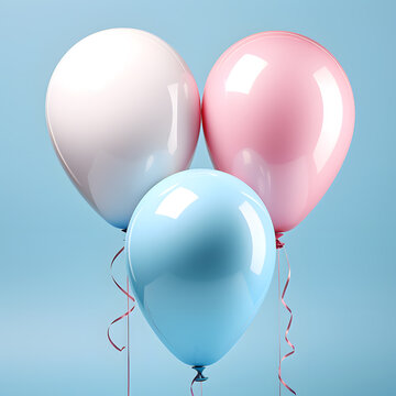 Pink, blue and white balloons bouquet isolated on light background