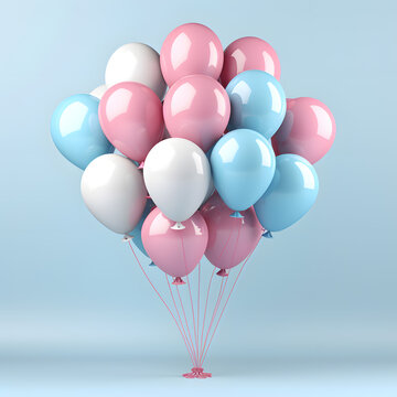 Pink, blue and white balloons bouquet isolated on light background