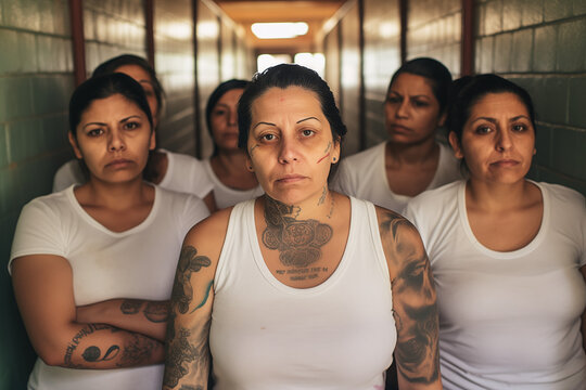 Women in Prison with Tattoos in White Shirts, Gazing Forward