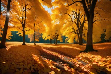 Autumn trees on a sunny day with the beautiful golden sun beam lighting the place