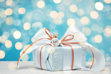 Gift box wrapped in blue silver paper with white and gold ribbon bow. Blue background, bokeh light....