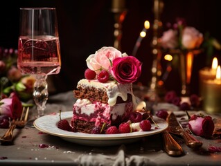 Obraz na płótnie Canvas Valentine's Day delicious cake on a luxurious dining table
