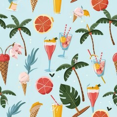 Naklejka premium Seamless pattern with ice cream, palm trees, cocktails, tropical flowers. Beach party background.