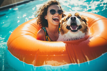 A happy smiling woman with dog swimming on inflatable ring at pool - obrazy, fototapety, plakaty