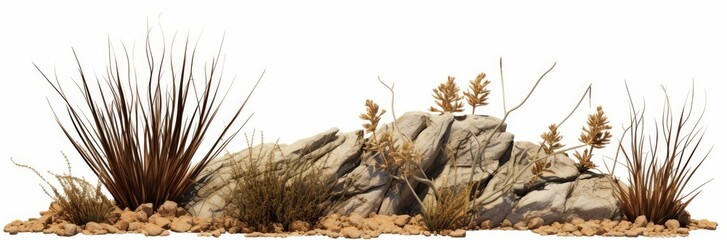 desert scene, dry plants with rocks, isolated on white background banner, Generative AI