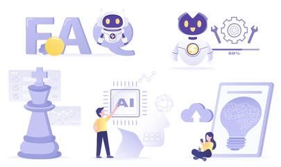 Artificial Intelligence (AI) technology and business ideas collection. FAQ concept, repair, strategy planning, support, data, analysis, brainstorming and innovation. Flat vector design illustration.