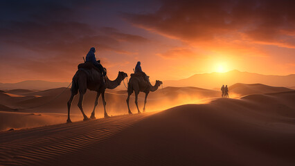 Camel caravans strolling around in the late afternoon, feeling the heat of the desert.