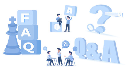 Frequently asked questions (FAQ) QA characters set. Confused, search, talking, meeting, ask question, answer, survey, help and support business development. Flat vector design illustration.