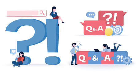 Frequently asked questions (FAQ) QA characters set. Big question mark symbol, exclamation point, searching, help, support, explore,  problem solving and support business development. 