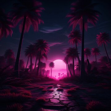 AI generated illustration of palm trees at pink sunset