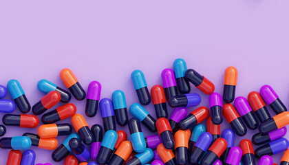 Medical supplies 3D render illustration. Top view of lots of pills with copy space. Medicine and healthcare concept. Heap of multicolored capsules.